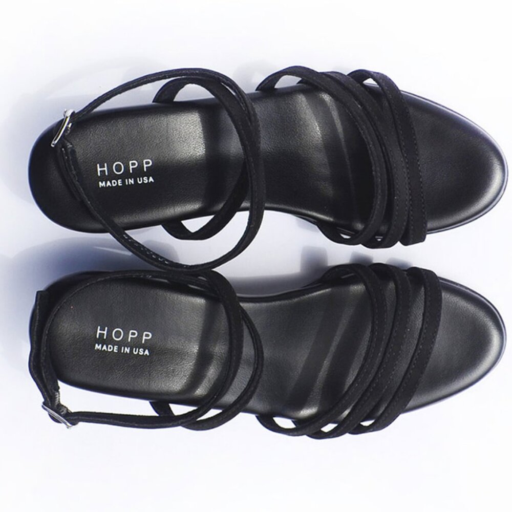 Hopp Wraparound Strappy Block Heel Sandal in Black Nubuck Size 6.5